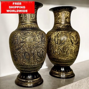Pair of Vintage Brass Vases – Hand Engraved Indian Floral Design – Oriental Boho Decor
