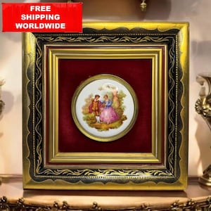 Vintage Fragonard Style Porcelain Plaque | Romantic Rococo Couple Scene | Framed Wall Art with Velvet | French Style Home Decor