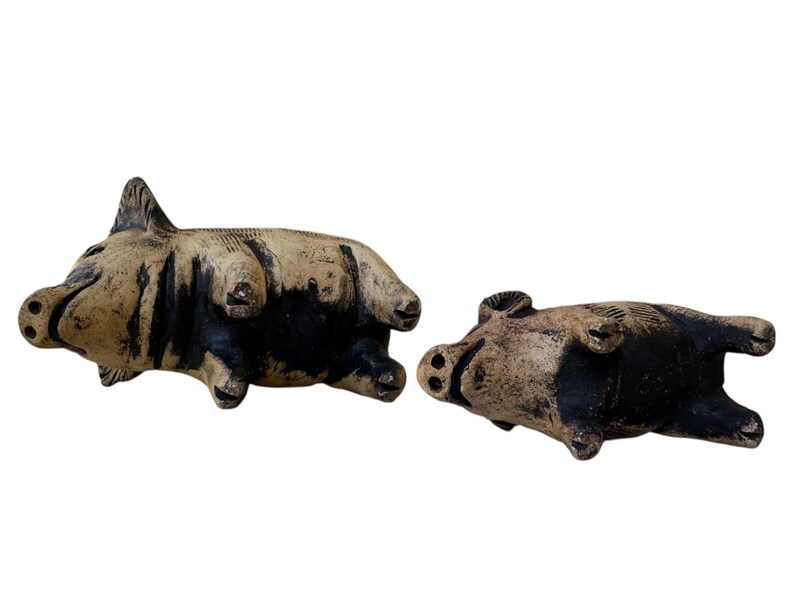 Pu&ograve; includere: Due statuette di maiale in ceramica, una in piedi e una sulla schiena. I maiali sono beige con dettagli neri, che mostrano caratteristiche dettagliate. Queste statuette decorative aggiungono un tocco rustico a qualsiasi arredamento.
