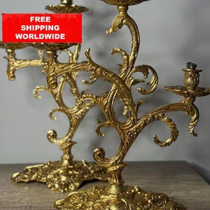 Pair of Antique French Rococo Brass Candelabras – 3 Arm Ornate Candle Holders – Baroque Style Gold Gilt Metal – Vintage Table Decor