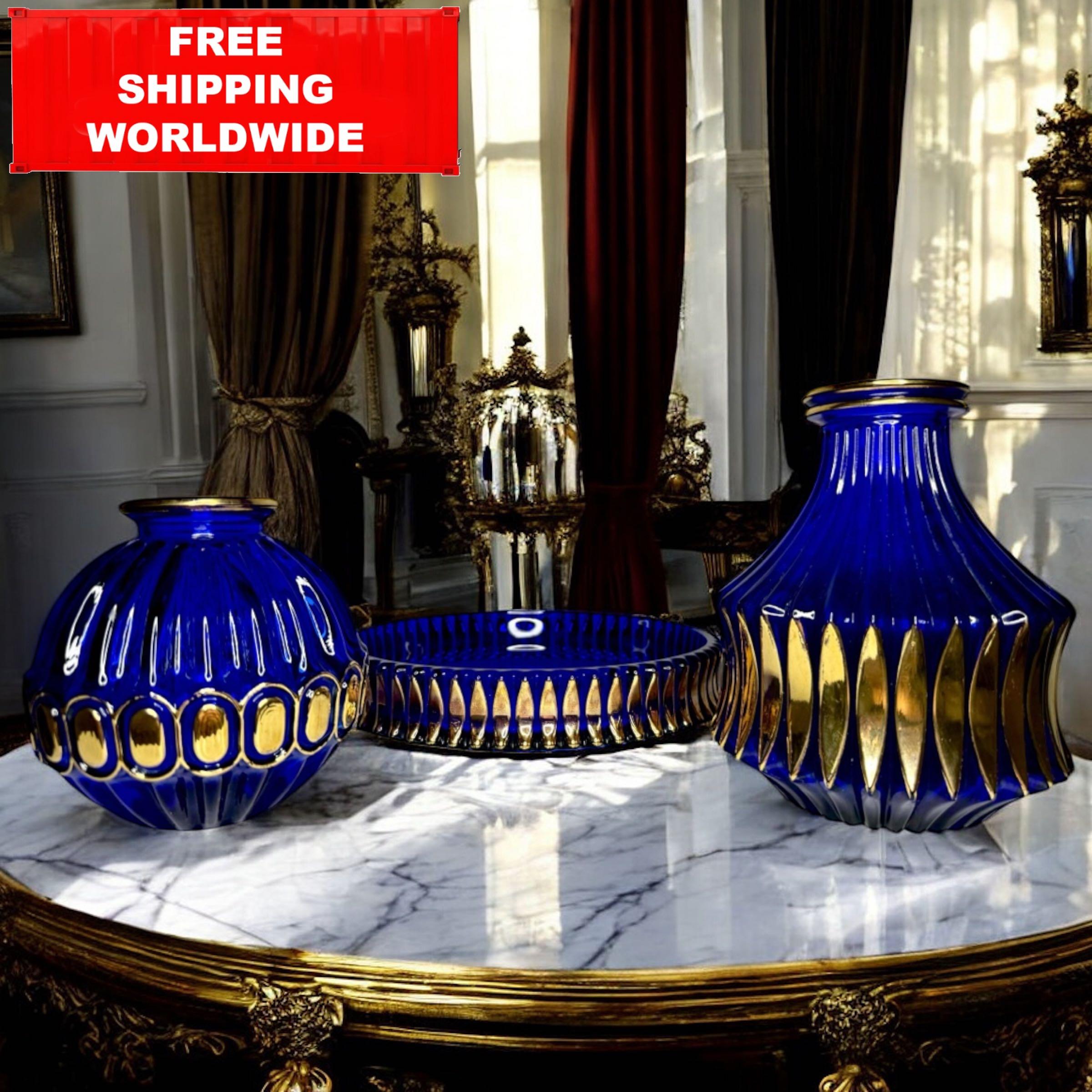 ヴィンテージ コバルトブルー ガラス花瓶セット、手描きゴールド