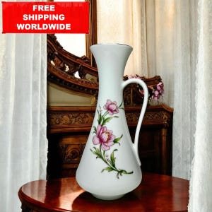Bavaria KPM White Porcelain Vase | Vintage German Vase with Pink Floral Design and Handle | Elegant Home Decor | Fine Porcelain Collectible