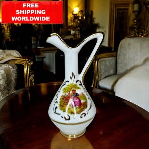 Miniature Porcelain Pitcher • Rococo Gold Trim Creamer with Romantic Scene • Vintage European Style Jug