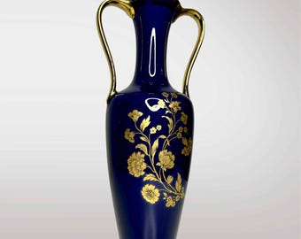 KPM バイエルン コバルトブルーの花瓶：金色の花模様が施された