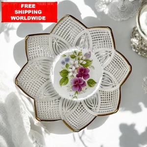 Vintage Iris Cluj-Napoca Porcelain Bowl – Flower-Shaped Openwork Dish with Floral Center & Gold Rim