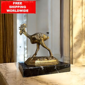 Vintage Brass Rooster Sculpture – Mid-Century Marble Base Figurine, Farmhouse Decor 13x12.5x7.5 cm