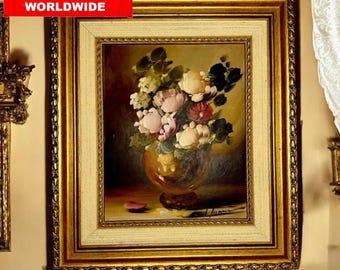 peinture à l'huile vintage nature morte florale | Oeuvre d'art floral originale encadrée 44 x 38 cm | Décoration murale européenne antique