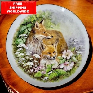 Royal Crest Decorative Plate with Red Foxes – Vintage Animal Collector Plate, Ceramic Wall Art, Floral Wildlife Scene