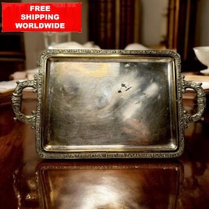 Vintage Silver-Plated Ornate Serving Tray – Rectangular with Handles – Patina Decorative Tray – Baroque Style Tea Tray