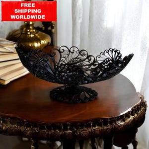 Wrought Iron Filigree Bowl: Gothic Victorian Centerpiece, 34x15cm