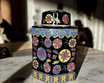 Pot floral vintage en céramique avec couvercle : bocal de cuisine rétro bohème