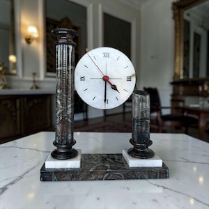 Art Deco Marble Column Clock, Roman Numeral Mantel Clock, Architectural Stone Table Clock 1970
