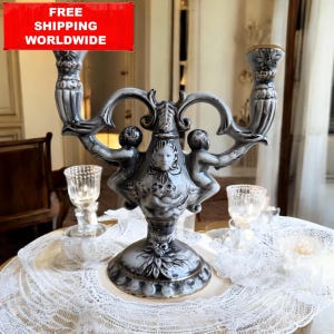Vintage Ceramic Candelabra – 2 Arm Candle Holder – Pereiras Valado Portugal – Baroque Angel Design – 21 cm / 8,3 in Tall