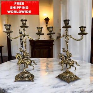 Vintage Brass Candelabras: Baroque Horseman Candle Holders, 1960s