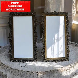 Pair of Ornate Vintage Baroque Photo Frames – 11x6 cm Brass Style Frames without Glass or Stand, Rococo French Decor
