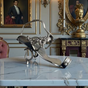 以下が含まれることがあります： ブドウと葉のデザインが施された、銀色のワインボトルホルダー。ハンドルと湾曲したベースがあり、大理石のテーブルに置かれています。背景には絵画や装飾的な装飾が施されています。