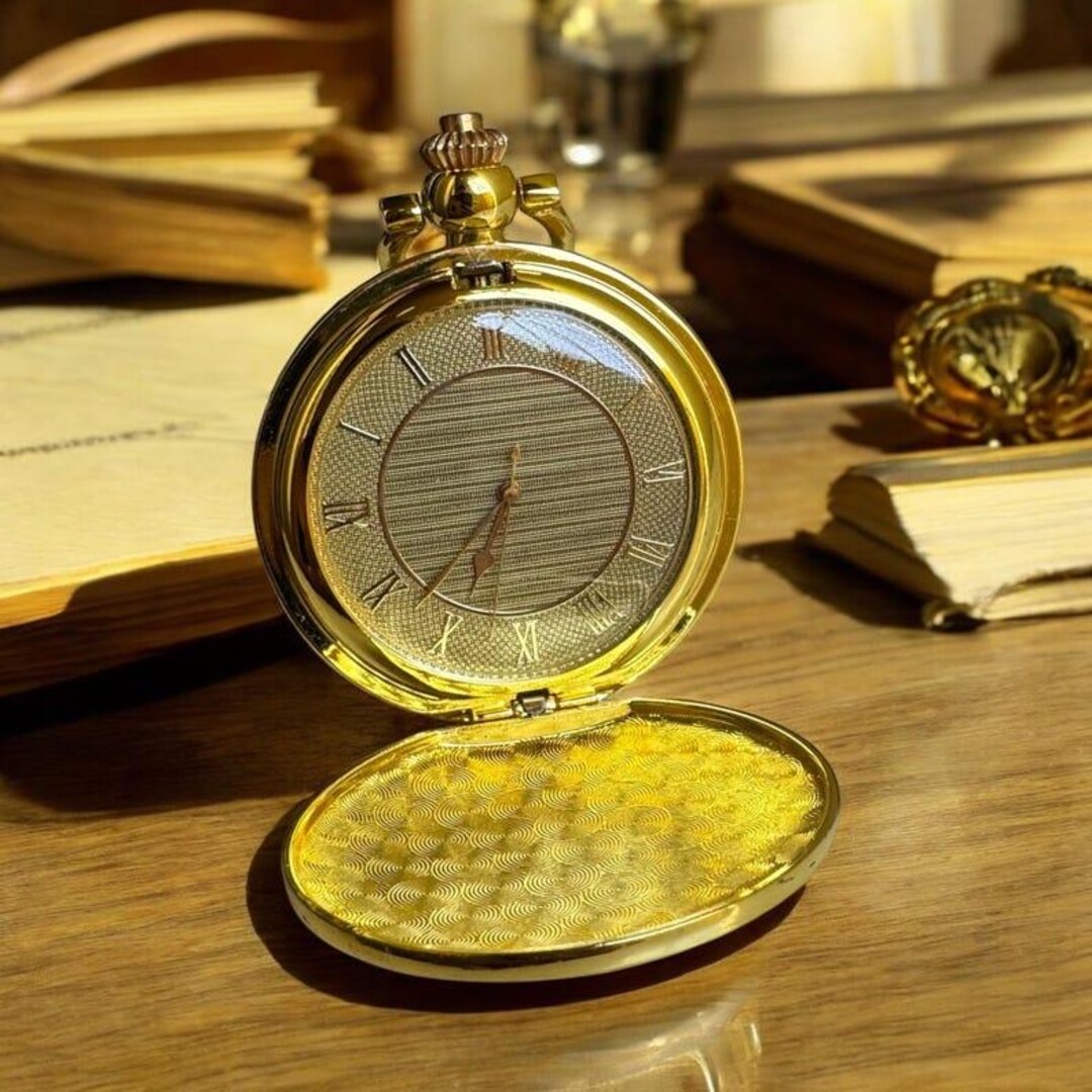 Vintage Gold Pocket Watch Style Desk Clock, Roman Numerals, Etched Case ...