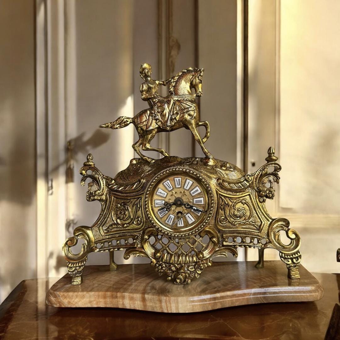 F11激安早い者勝ち✨ 希少品　ジャンルーレ 置き時計 ゴールド アンティーク Vintage Antique Bronze Equestrian Mantel Clock, Horse Rider