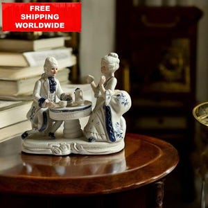 Vintage Porcelain Couple Figurine – Rococo Lovers at Tea Table – Blue and White Ceramic Statue – Romantic French Victorian Decor