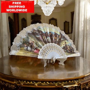 Vintage Spanischer Faltfächer mit Spitze | Handgemalter Fächer | Viktorianischer Rokoko Dekor | Sammler Fan Wand Kunst Geschenk