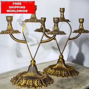 Pair of Vintage Brass Candelabras – Baroque 3-Arm Candle Holders – Ornate French Style Decor