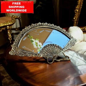 Vintage Fan-Shaped Vanity Mirror – 35x21 cm / 13,7 x 8,2 in Art Deco Style Brass Frame – Decorative Dresser Mirror