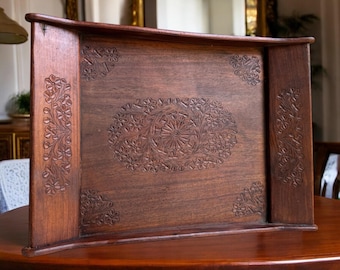 Hand-Carved Wooden Tray: Vintage Indian Floral Boho Decor