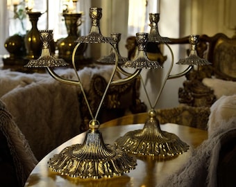 ヴィンテージ真鍮＆磁器キャンドルホルダー：ロココ調ロマンティック