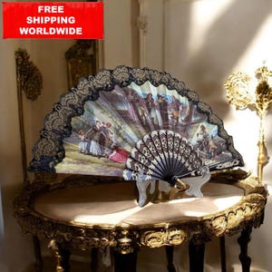 Vintage Faltfächer mit Romantischer Szene & Schwarzer Spitze | Barock Rokoko Dekor | Handgefertigter Spanischer Fächer | Antikes Geschenk