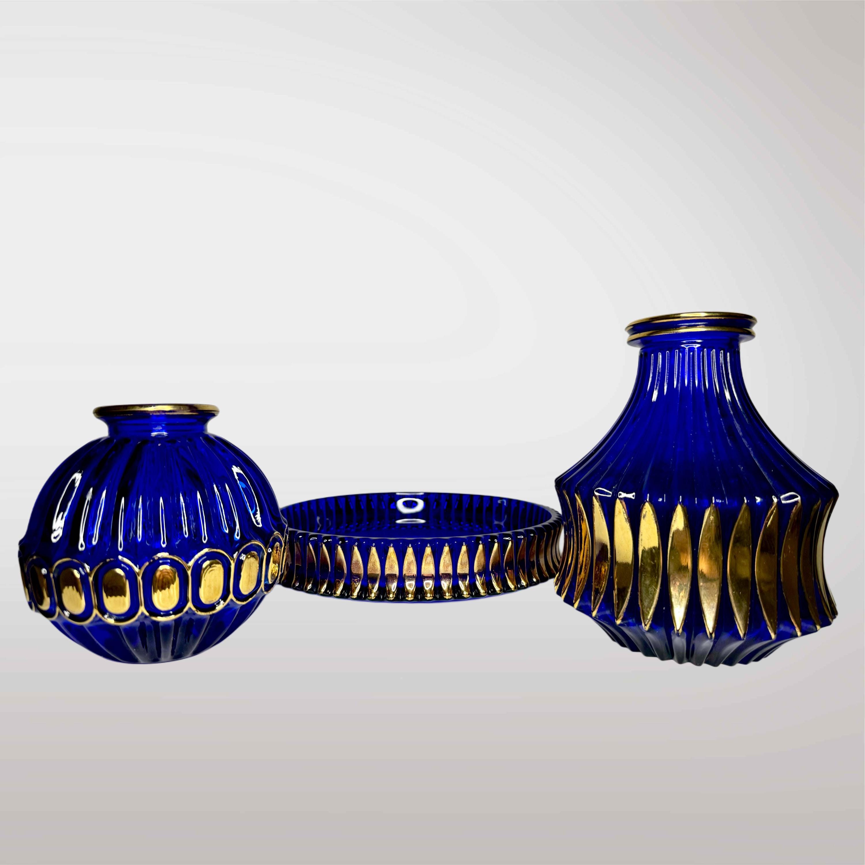 ヴィンテージ コバルトブルー ガラス花瓶セット、手描きゴールド