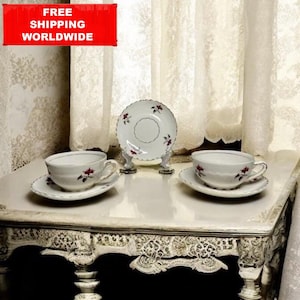 Vintage Jäger Germany Tea Set • Porcelain Cups & Saucers with Red Floral Motif • Elegant Gold Trim