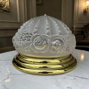 Vintage Flush Mount Ceiling Light, Brass Frosted Glass Fixture, Floral Dome Ceiling Lamp, Hollywood Regency