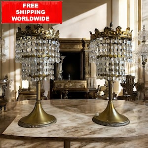 Pair of Brass Crystal Table Lamps – Baroque Crown Style with Prisms 39x16.5 cm / 15.3x6.4 in