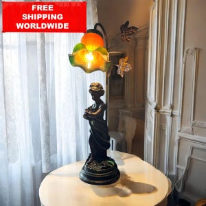 Art Nouveau Cherub Table Lamp: Flower Glass Shade, Vintage 1970s