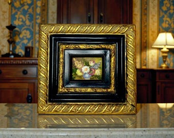 Miniature Floral Oil Painting: Baroque Shadowbox Frame, Vintage Still Life Art