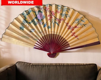 Large Asian Wall Fan – Hand-Painted Peonies & Birds, Red Wood Frame 133x74 cm / 52.3x29.1 in