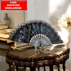 Vintage Schwarzer Handfächer - Fächer Fächer - Flamenco Tänzerin Accessoire - Elegantes Dekor im Viktorianischen Stil
