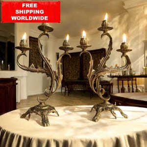 Pair of Ornate Brass Candelabra – 38x22 cm / 14.9x8.6 in – 3-Arm Baroque Candle Holders – Antique Gold Rococo Style – Luxurious Table Decor