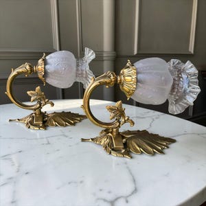 May include: A pair of wall sconces featuring ornate brass bases shaped like leaves and curved arms. Each sconce holds a frosted glass shade with a textured, floral-inspired pattern and a clear, ruffled edge, creating a decorative lighting fixture.
