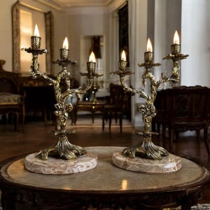 Vintage Barock Messing Kerzenleuchter: Florale Rolle & Marmorsockel (2er Set)