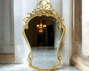 大型ヴィンテージバロック壁掛けミラー：華やかなゴールドロココ調
