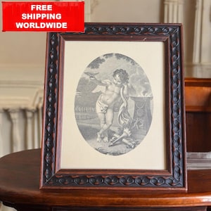 Vintage Framed Cherub with Torch Print | Neoclassical Angel Art | Ornate Wood Frame 37x31 cm / 14,5 x 12,2 in | Romantic Wall Decor