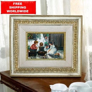 Rico Signed Oil Painting | Framed Impressionist Scene | Vintage Figurative Wall Art | Hand-Painted Family Gathering | Elegant Home Decor