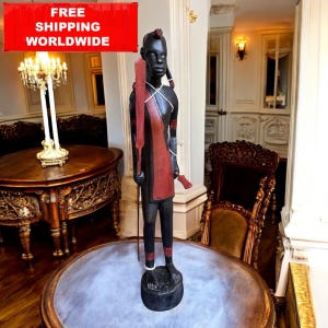 Vintage African Warrior Statue – Hand-Carved & Painted Wood Sculpture 59x11 cm / 23.2x4.3 inch