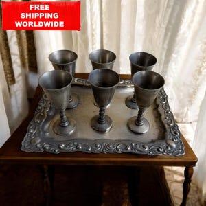 Vintage Spanish Brass Goblet Set with Tray – Royal E.P. Brass Madrid – Ornate Baroque Style – 6 Cups + Tray