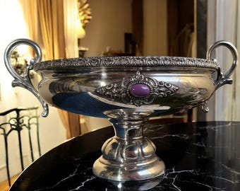 Silver Alpaca Centerpiece Bowl, Footed Trophy Compote with Purple Cabochon, Ornate Baroque Handles, Vintage Table Decor