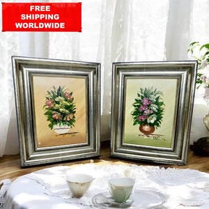 Vintage Floral Still Life Painting Pair: Framed Flower Bouquet Art