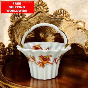 ヴィンテージ バイエルン磁器バスケット • ゴールドハンドル付き花柄ミニボウル • ドイツ製高級磁器