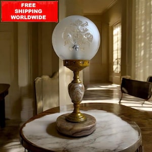 Vintage Art Deco Marble Table Lamp: Frosted Glass Globe, Brass Accents