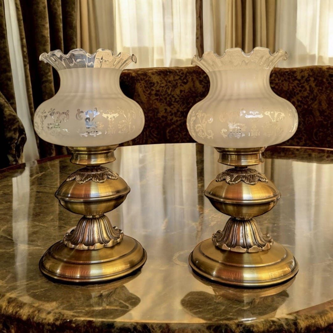 Vintage Brass Table Lamp Pair, Frosted Floral Glass Shades, Bedside ...